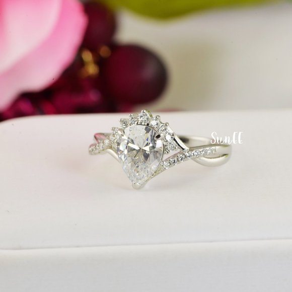 New Lab Diamond Halo Pear Engagement Ring - Picture 8 of 11